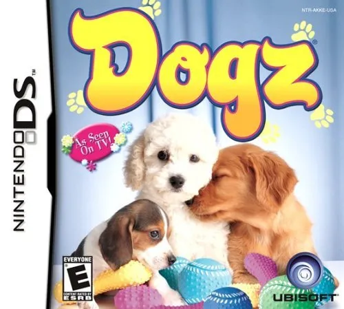 This Dogz Nintendo DS cover features three adorable puppies front and center, each one radiating charm and sweetness. A fluffy white puppy takes the spotlight, nuzzling a caramel-colored pup, while a sleepy-looking beagle sits nearby, chewing on a blue toy. The soft pastel background, with hints of light blue and yellow, gives off a cozy and inviting vibe, perfect for the game’s playful and heartwarming theme. The "Dogz" logo pops in bright yellow and pink, adding an energetic and fun feel, and the tagline “As Seen On TV!” sits playfully in the corner, drawing attention to its appeal as a family-friendly title. It’s a perfect representation of the cute and relaxing gameplay waiting inside.