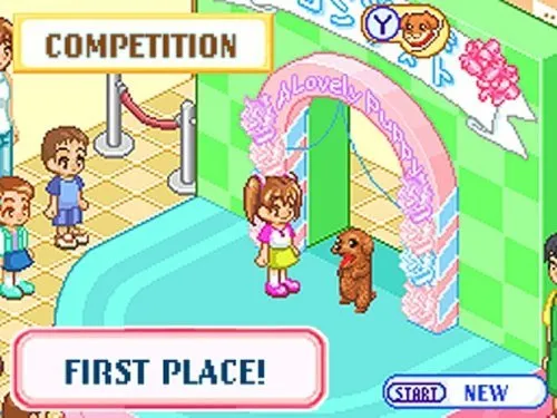 This image from Dogz for the Nintendo DS captures a triumphant moment during a competition event. A cheerful little girl and her brown puppy proudly stand beneath a decorative archway that reads "A Lovely Puppy," celebrating their First Place victory. The bright pastel colors, pink ribbons, and charming design of the stage evoke a playful and rewarding atmosphere. In the background, onlookers cheer, adding to the celebratory vibe. This scene perfectly showcases the game’s focus on bonding with your pup, training them, and competing in fun events, all wrapped up in the adorable chibi art style that makes Dogz so irresistible.