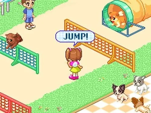 This image from Dogz for the Nintendo DS showcases an agility training session where a puppy is mid-jump over a colorful hurdle. The little girl commands her dog with a speech bubble shouting, “JUMP!” as the scene captures the action-packed moment. In the background, another dog runs through a tunnel while a cheerful onlooker observes the training. The green grass, bright orange and red barriers, and the variety of cute puppies nearby create a lively and engaging setting. This playful activity highlights the game's interactive and rewarding gameplay, making bonding with your virtual pup both fun and exciting in the charming chibi world of Dogz.