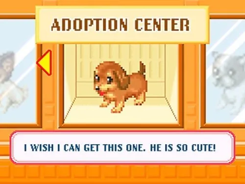 This image from Dogz for the Nintendo DS highlights the Adoption Center, a key part of the game where players select their furry companion. The center showcases an adorable brown puppy inside a virtual enclosure, capturing the moment a player spots their potential new best friend. The bright yellow "Adoption Center" banner stands out at the top, with a cheerful orange background framing the scene. At the bottom, a dialogue box enthusiastically exclaims, “I wish I can get this one. He is so cute!” The overall design radiates warmth and excitement, perfectly conveying the joy of picking out a puppy in the game’s charming chibi art style.