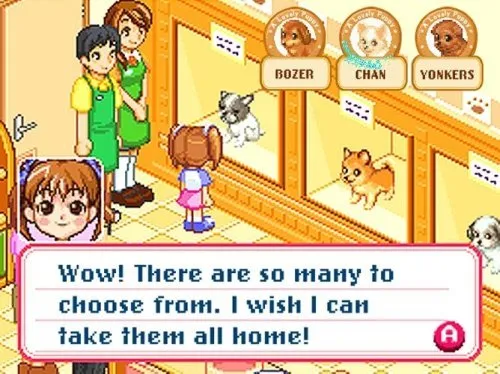 This image from Dogz for the Nintendo DS shows an in-game scene where the player is at the adoption center, choosing their perfect puppy. The vibrant chibi art style shines through, with a little girl standing in front of glass enclosures housing adorable animated dogs. Each dog has its own name and personality, represented by portraits at the top—Bozer, Chan, and Yonkers. The dialogue box at the bottom captures the excitement, with the text: “Wow! There are so many to choose from. I wish I can take them all home!” The cheerful colors, detailed pet store background, and playful designs add to the game’s wholesome and inviting feel, making it hard not to smile at the sheer cuteness on display.