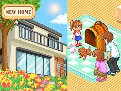 This image from Dogz for the Nintendo DS beautifully captures the heartwarming moment of bringing your new puppy home. On the left, a cheerful "New Home" sign is paired with a sunny exterior view of a modern house surrounded by vibrant flowers and trees, radiating a cozy and welcoming vibe. On the right, the scene shifts inside, where the family gathers around their adorable new brown puppy, who’s happily settling into its little carrier. The playful musical notes and chibi art style add to the joy and excitement of the moment. This image perfectly represents the wholesome and family-friendly essence of Dogz, where every detail is designed to make you smile.