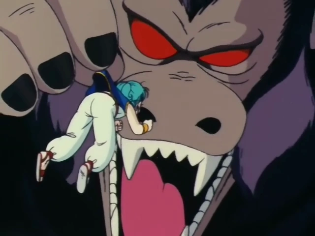 Emperor Pilaf, Shu, and Mai are shown inside a glass cockpit with shocked and tense expressions as they look out at something off-screen. The night sky is visible through the cockpit windows.