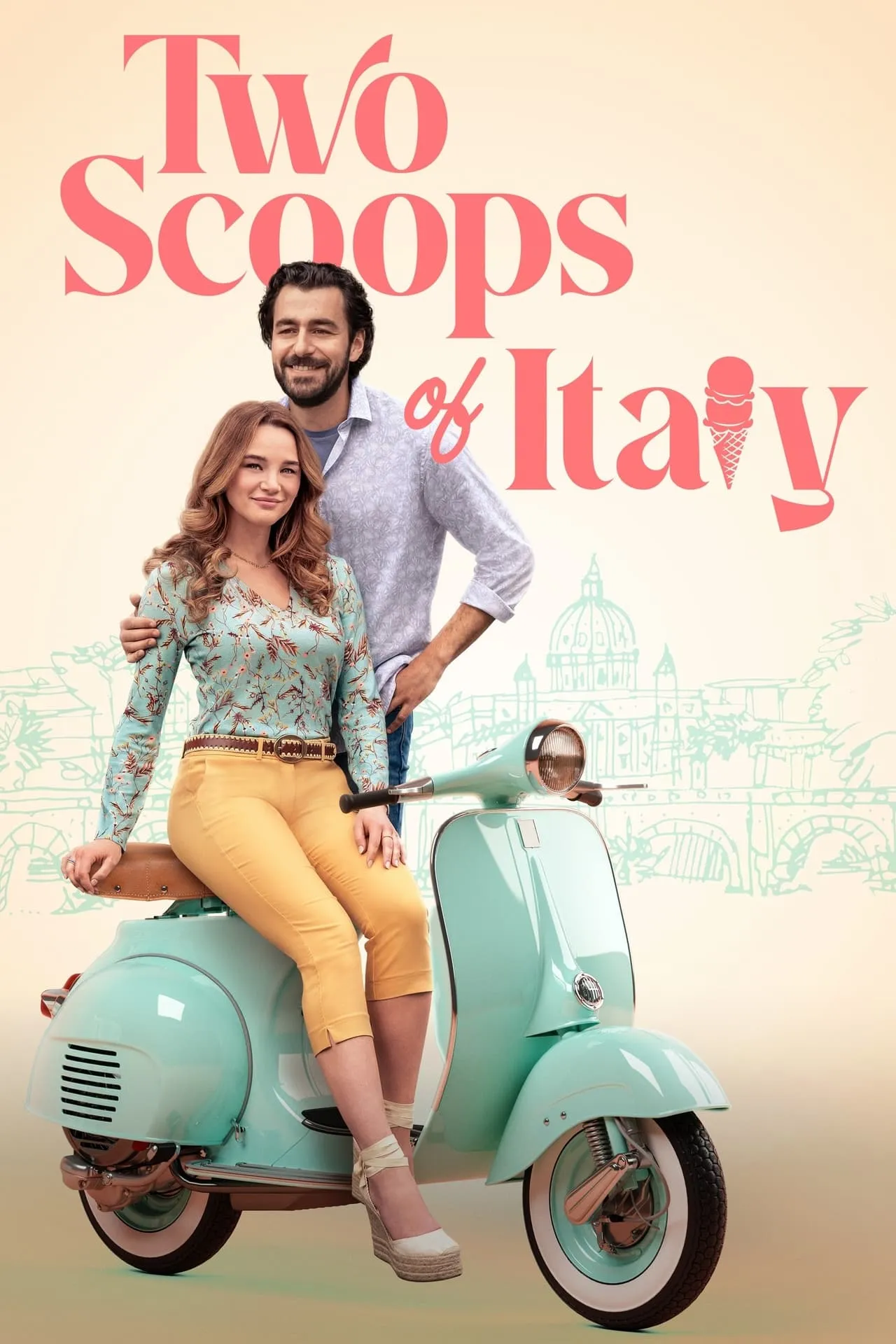 This is the poster for Two Scoops of Italy, a Hallmark movie that promises romance and charm set in a picturesque Italian setting. The image features a cheerful couple, with the woman seated on a pastel mint-green Vespa scooter, wearing a stylish floral top and mustard-yellow pants. The man, standing behind her, has a warm smile and a relaxed vibe, dressed in a light, casual button-up shirt. The title is playfully styled in large pink letters, with an ice cream cone replacing part of the word "Italy," hinting at sweet adventures ahead. In the background, light sketches of iconic Italian landmarks add a dreamy, travel-inspired feel. It's a whimsical and sunny poster full of romantic getaway energy!