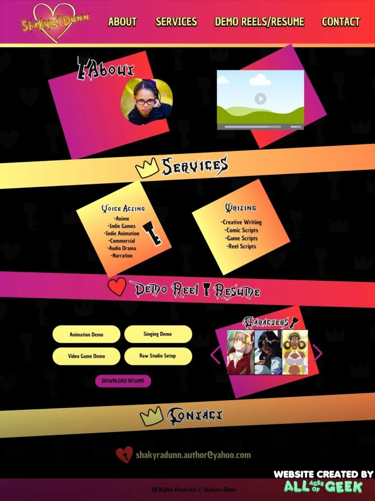 Shakira Dunn Voice Actor Website Design.