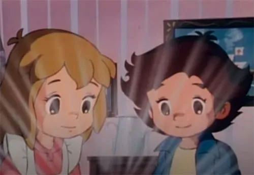 Anime Oyako Gekijō characters Joy and Chris opening the Bible.