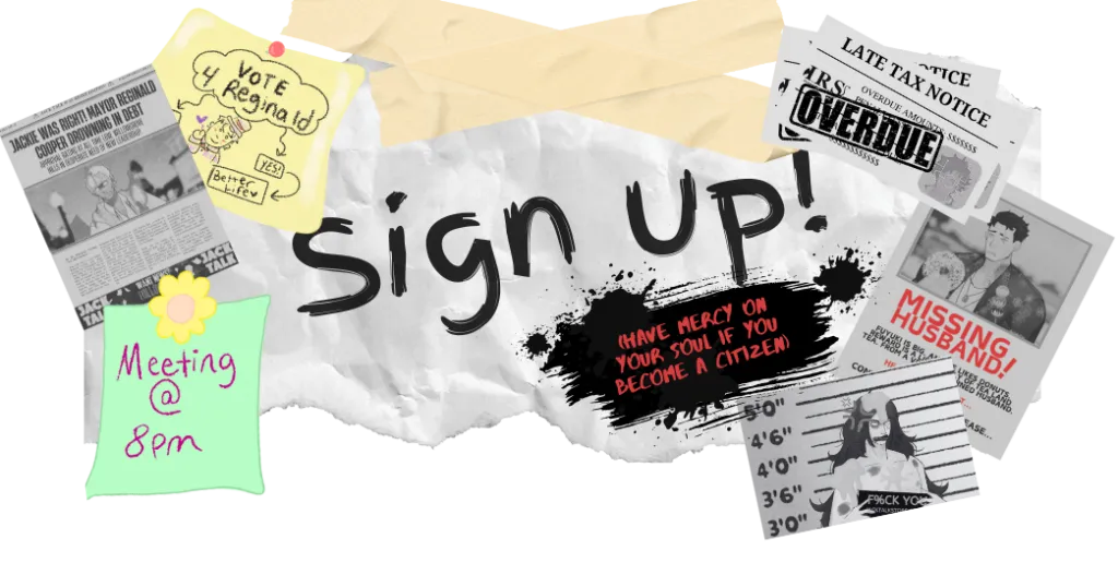 A sign up button for the "I Married a Monster on a Hill" website featuring newspapers, missing signs and sticky notes.