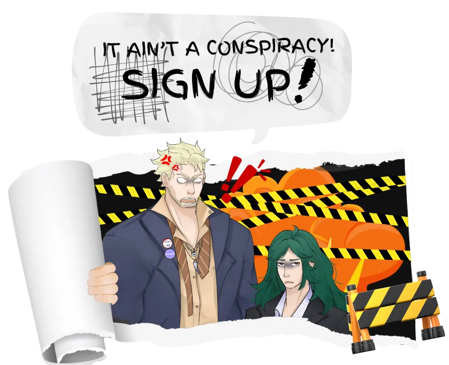 Sign up button featuring Jack Talk Characters Jackie and Wagner encouraging people to sign up for the new Adult Humor Town Sim "I Married a Monster on a Hill" website.