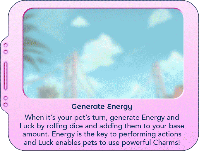 Generate Energy description from Dead Alive Games with a pink border, rolling dice, explanation board and extra cards.