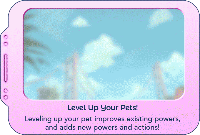 Level up your Pets description from Dead Alive Games and how to do it with a pink frame and moving animated cards.