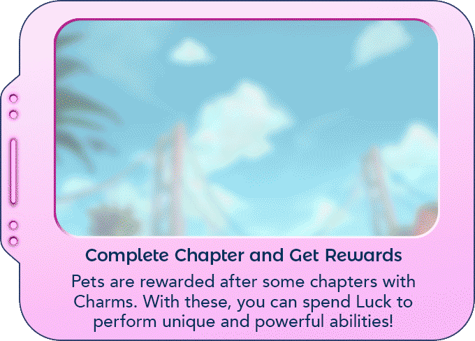 Complete Chapter and get rewards explanation with a pink border and animated cards.