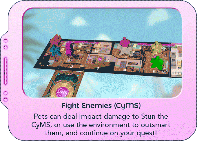 Fight Enemies (CyMS) description from Dead Alive Games with a pink border, animated deck, board and character miniatures.