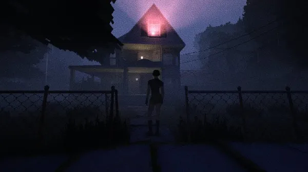A dark, eerie house with a red light shining from above with the character from Heartworm in the center.