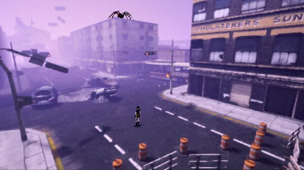 An eerie purple fog with a creature on top of a building looming down over the Heartworm main character.