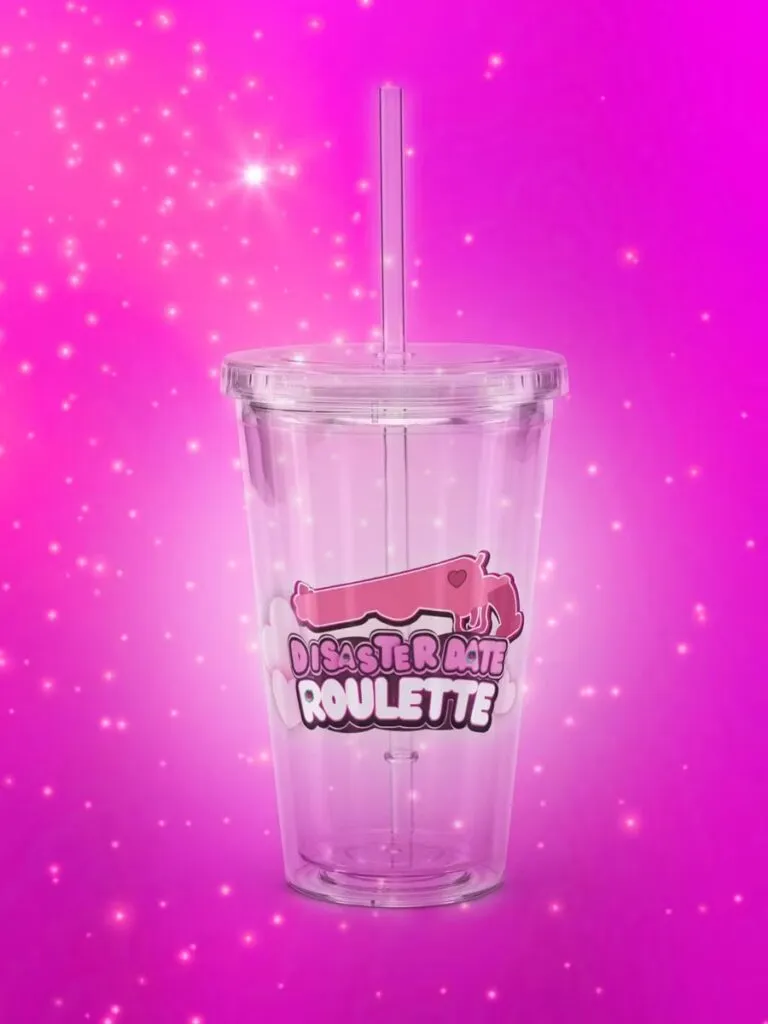 A clear Tumbler featuring the DIsaster Date Roulette logo with a pink background.