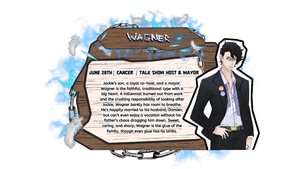Character sheet of Wagner from Boardwalk Dad Detox, an adult animated comedy feature film. Wagner is shown as a young man with black hair, wearing a blazer and button-up shirt with pins on his lapel. The text describes him as Jackie’s son, a loyal co-host, and mayor. Wagner is caring, traditional, married to his husband Damien, and struggling with burnout from balancing work and family chaos. His birthday is June 28th, zodiac sign Cancer.