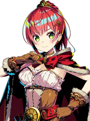 Character artwork of Barbara from Duel Princess. She has red hair, green eyes, and wears a corset-style outfit with a red cape and gold accents. She has a confident, heroic expression with one hand on her chest.
