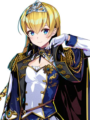 Character artwork of Carla from Duel Princess. She has blonde hair, blue eyes, and wears a royal white and navy outfit with golden embroidery, a cape, and a jeweled tiara. She stands proudly with a poised smile.