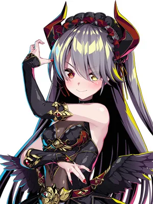 Character artwork of Dorothea from Duel Princess. She has long silver hair, black horns, and wears a gothic black and gold outfit with feathered accents. She strikes a confident, mischievous pose.