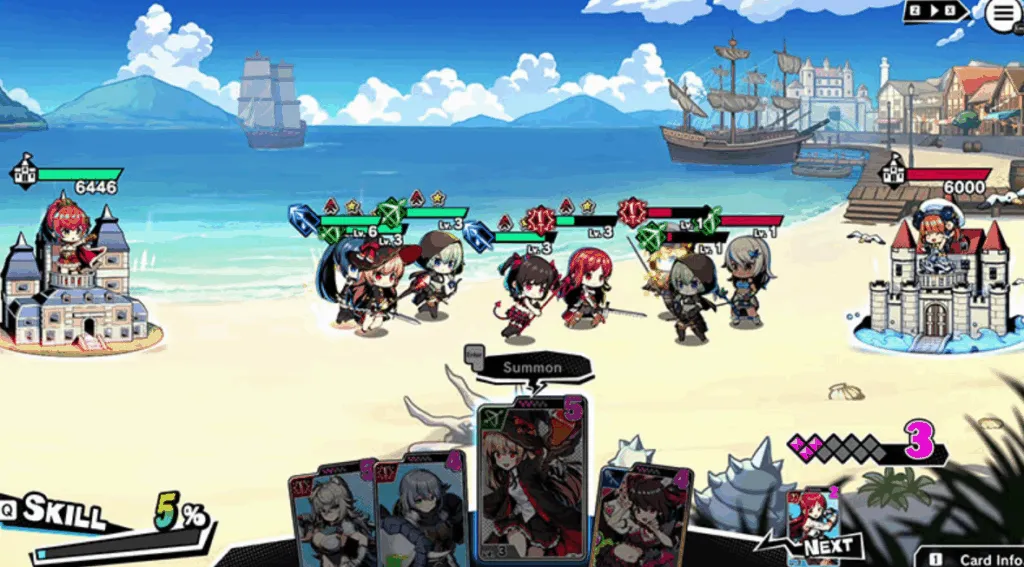 Gameplay screenshot from Duel Princess showing a beachside battle. Two castles stand on opposite sides with princess characters defending them. Chibi-style units, each with health bars and levels, clash in the middle of the battlefield. At the bottom of the screen, cards are displayed for summoning new characters, and the interface shows skill percentage and turn options.