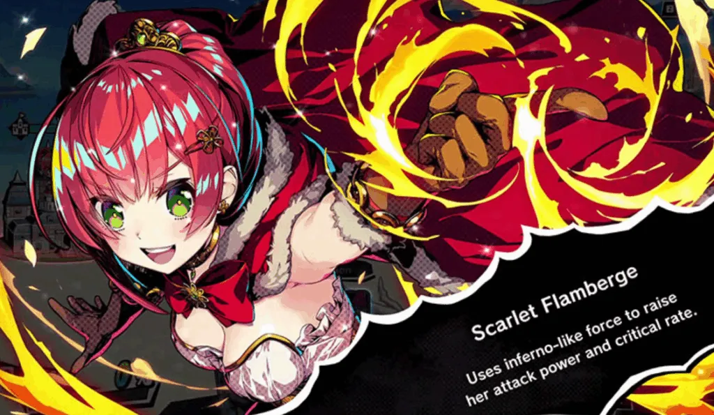 Artwork from Duel Princess featuring Scarlet Flamberge, a red-haired princess with green eyes in a revealing outfit and red cloak. She is surrounded by swirling flames as she throws a fiery punch. The text on the image reads: “Scarlet Flamberge – Uses inferno-like force to raise her attack power and critical rate.”