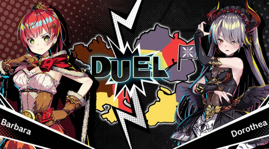 Artwork from Duel Princess showing a versus screen between Barbara and Dorothea. Barbara, on the left, has red hair, green eyes, and wears a revealing corset outfit with a red cape. Dorothea, on the right, has long silver hair with dark horns and a gothic black outfit accented with gold and feathers. The word “DUEL” is displayed dramatically in the center over a map background.