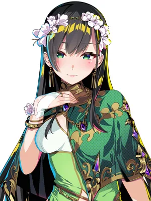 Character artwork of Eleonora from Duel Princess. She has long dark hair with floral accessories, wears a green and gold outfit with jewelry, and has a soft, elegant expression.