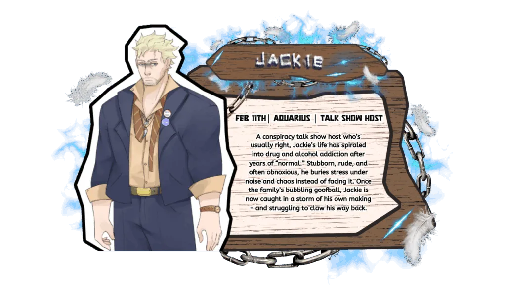 Character sheet of Jackie from Boardwalk Dad Detox, an adult animated comedy feature film. Jackie is shown as a blond man in a suit jacket and button-up shirt with pins on his lapel. The text describes him as a conspiracy talk show host struggling with addiction, fatherhood, and forgiveness. His birthday is February 11th, zodiac sign Aquarius.