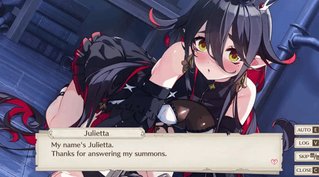Screenshot from Prison Princess: Trapped Allure featuring Julietta, a dark-haired princess with red highlights and golden eyes. She is wearing a black and red gothic-style outfit with a crown, blushing while leaning forward in a suggestive pose. Dialogue text box at the bottom shows her line: “My name’s Julietta. Thanks for answering my summons.” Game interface buttons are visible on the right side of the screen.