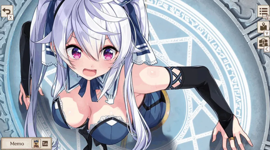 Screenshot from Prison Princess: Trapped Allure showing a silver-haired princess with bright pink eyes, dressed in a revealing dark blue outfit. She is blushing and leaning forward in a suggestive pose with her cleavage emphasized. A magical circle pattern glows on the floor beneath her, and game interface buttons are visible on the right side of the screen.