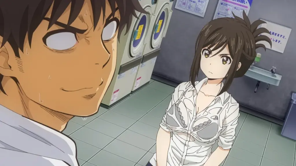 Scene from Why the Hell Are You Here, Teacher!? showing a nervous male student sweating beside a serious female teacher inside a laundromat, capturing a comedic and awkward Ecchi moment.