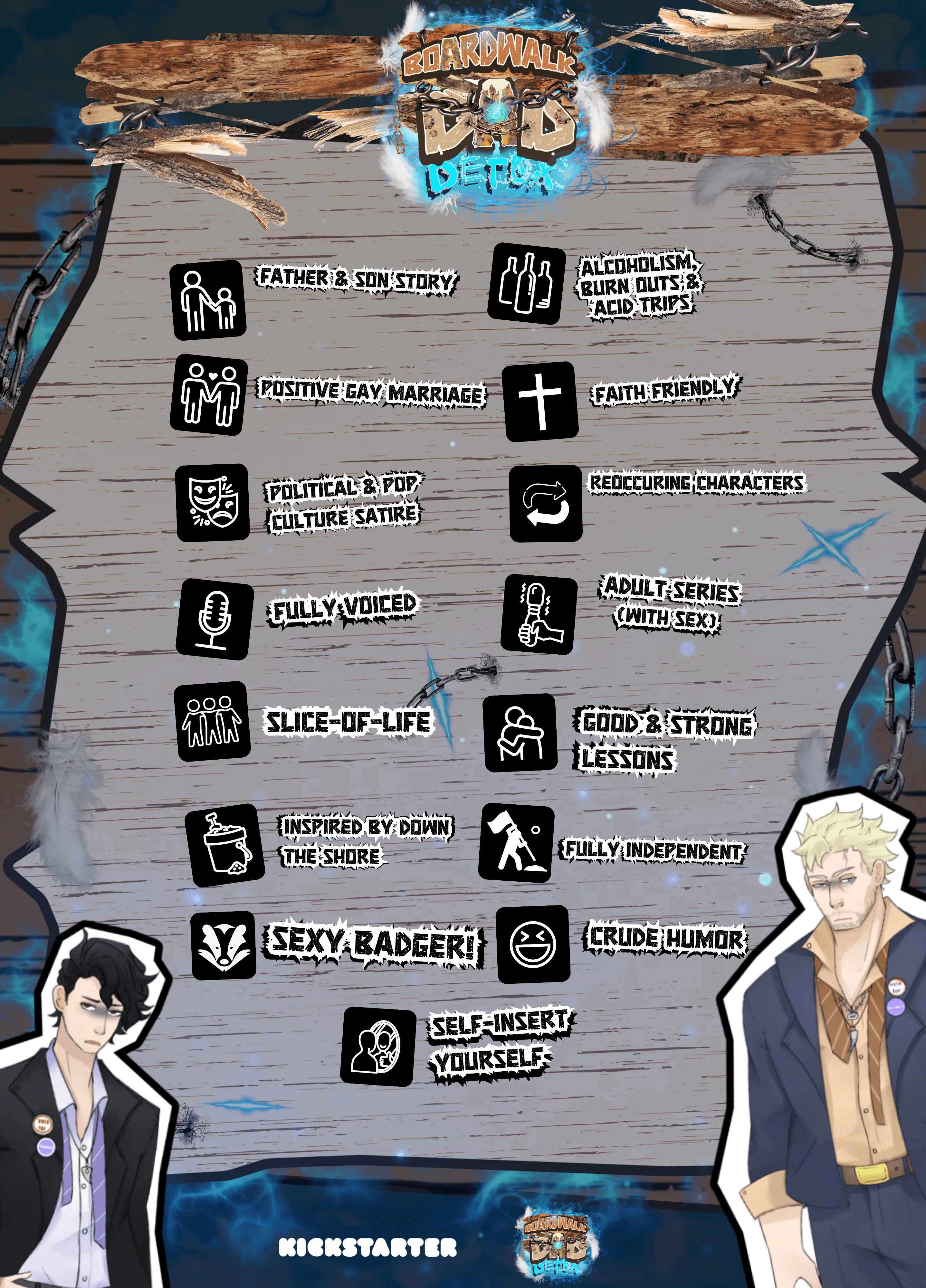 Promotional graphic for Boardwalk Dad Detox. The background is wooden planks framed with chains and feathers, with the title logo at the top. The image lists 15 reasons to support the project with bold icons and text, including: Father & Son Story, Alcoholism Burn Outs & Acid Trips, Positive Gay Marriage, Faith Friendly, Political & Pop Culture Satire, Reoccurring Characters, Fully Voiced, Adult Series (with sex), Slice-of-Life, Good & Strong Lessons, Inspired by Down the Shore, Fully Independent, Sexy Badger!, Crude Humor, and Self-Insert Yourself. At the bottom are illustrated characters Wagner (left, dark hair, black jacket) and Jackie (right, blond hair, tan shirt and navy jacket). ‘Kickstarter’ is written at the bottom.