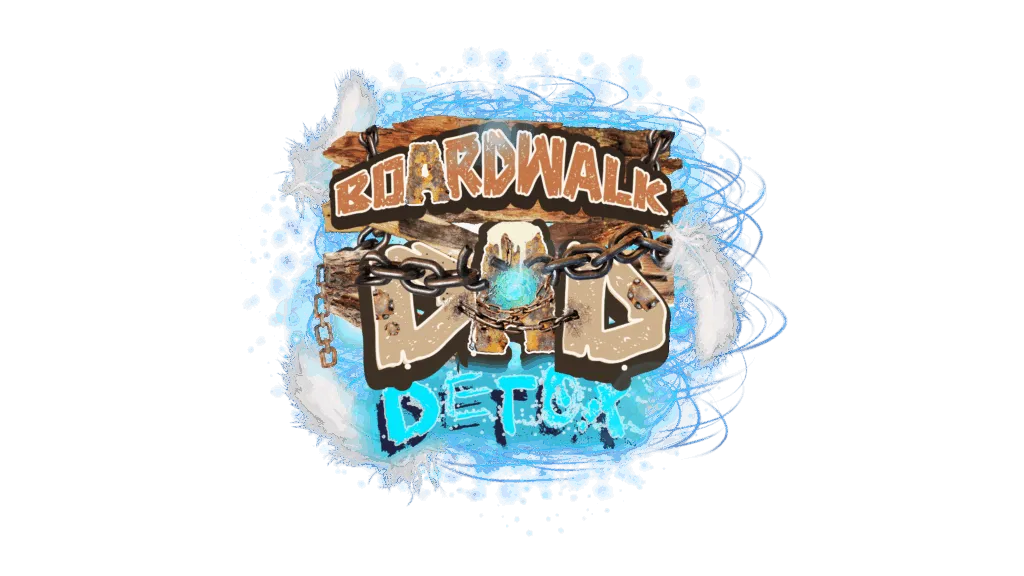 Logo for Boardwalk Dad Detox. The words ‘Boardwalk Dad Detox’ are styled with wooden textures, chains, feathers, and glowing blue effects. The word ‘Dad’ is chained and locked at the center, with bright blue energy radiating behind it.