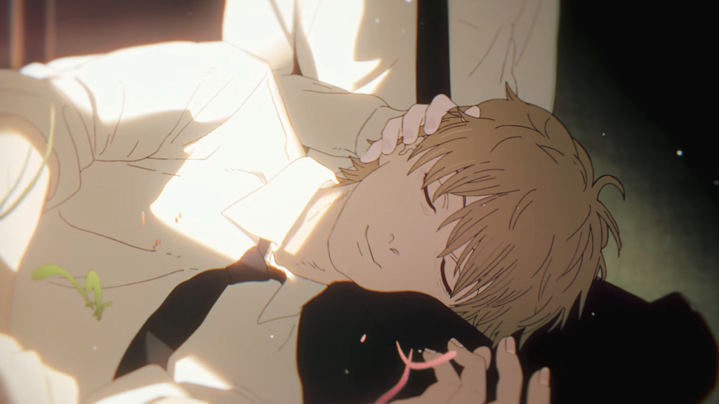 Denji from Chainsaw Man rests peacefully with his head on someone’s lap, eyes closed and a faint smile on his face, bathed in warm sunlight filtering through the scene.