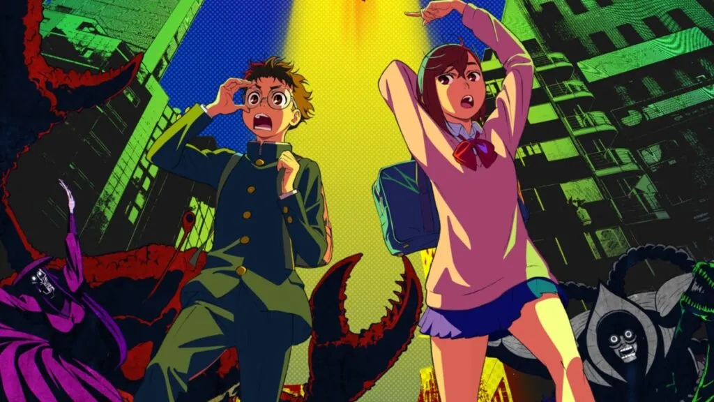 Okarun and Momo Ayase from Dandadan running together through a colorful city street, surrounded by supernatural creatures and glowing lights, showcasing the anime’s vibrant and chaotic style.