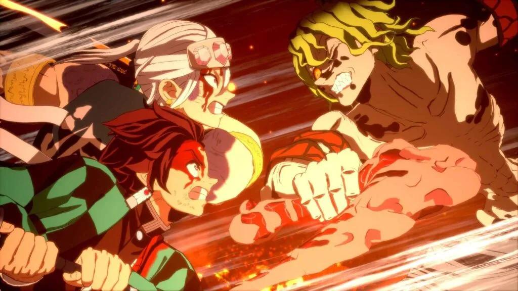 Tanjiro and Tengen Uzui team up in an intense battle against Gyutaro from Demon Slayer, a fiery moment.