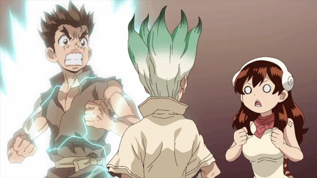 Scene from Dr. Stone featuring Taiju electrified with energy, Senku standing confidently, and Yuzuriha looking surprised, capturing a comedic and scientific breakthrough moment from the anime.