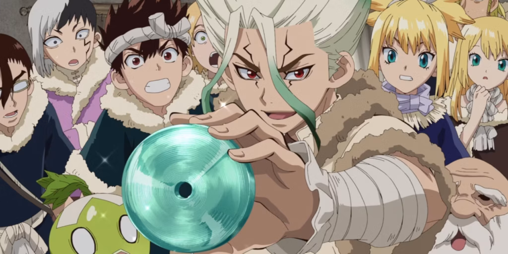 Dr. Stone anime group image showing Senku, Kohaku, Chrome, and Gen together, showcasing the main cast of the Kingdom of Science on their mission to rebuild civilization through science.