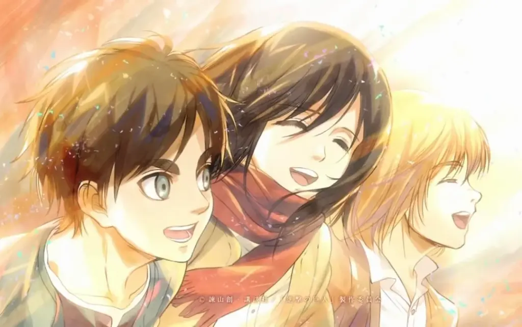 A heartwarming scene of young Eren Yeager, Mikasa Ackerman, and Armin Arlert smiling together in the sunlight, representing their childhood friendship from Attack on Titan.