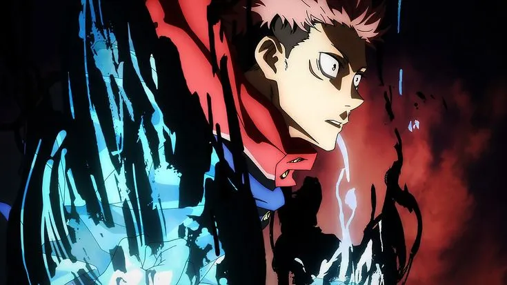 Yuji Itadori from Jujutsu Kaisen surrounded by dark cursed energy, eyes focused and determined in the heat of battle.