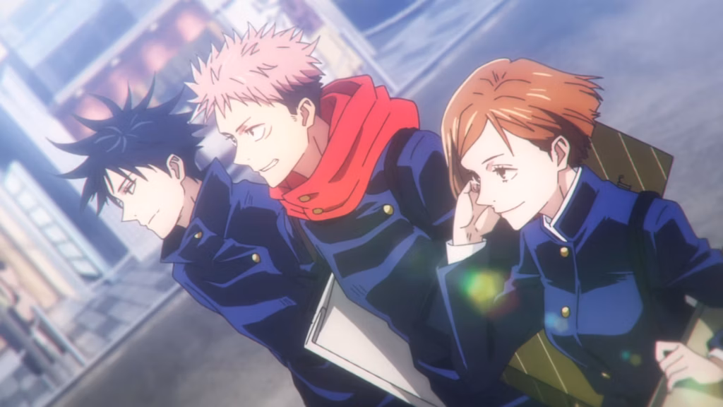 Yuji Itadori, Megumi Fushiguro, and Nobara Kugisaki stand together in Jujutsu Kaisen, ready for battle as cursed energy radiates around them.