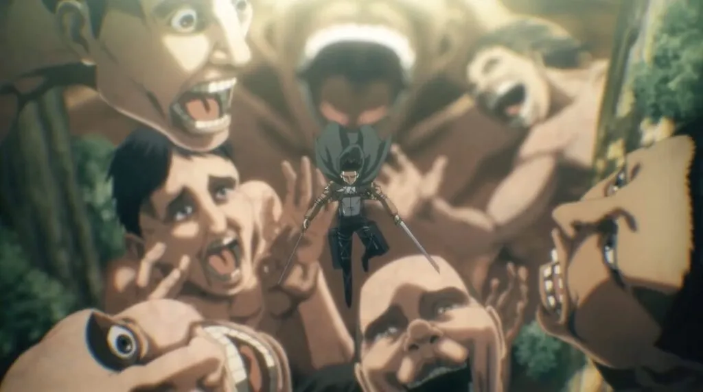 Levi Ackerman from Attack on Titan launches into battle surrounded by multiple Titans, showcasing his fearless determination and iconic dual-blade combat style.