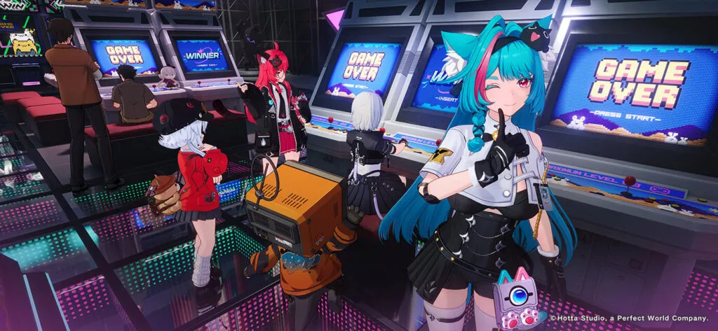 Anime girls with colorful hair and futuristic outfits hang out in an arcade playing retro games in NTE game Tokyo Game Show demo, showing stylish character designs and neon vibes from Hotta Studio.