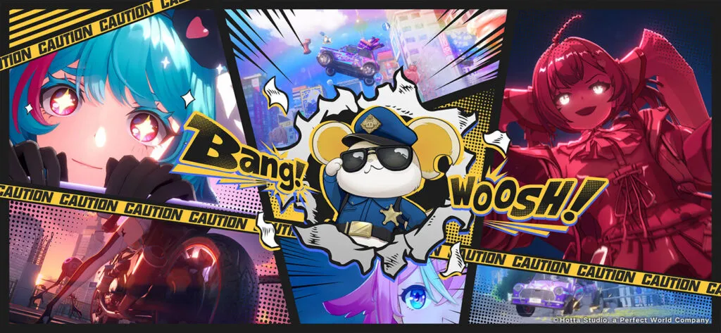 Promotional art for NTE by Hotta Studio featuring anime-inspired characters, colorful cityscapes, a chibi police mascot saying “Bang! Woosh!”, and stylish comic-style panels with caution tape.