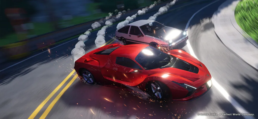 Two sleek cars drift around a sharp curve in NTE game Tokyo Game Show demo, showcasing fast-paced driving mechanics and cinematic sparks from Hotta Studio.