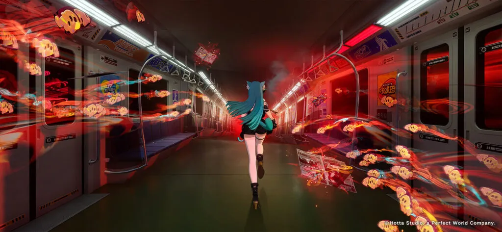 Anime girl with teal hair runs through a glowing subway tunnel surrounded by fiery red spirits in NTE game Tokyo Game Show demo, blending action and supernatural energy from Hotta Studio.