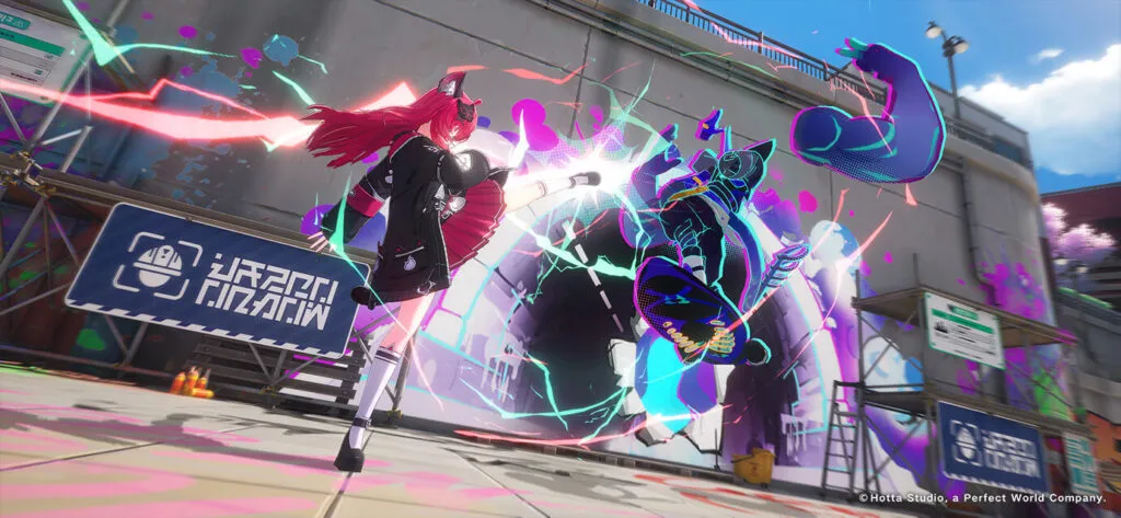 Anime girl character fights a neon enemy with a high kick in NTE game Tokyo Game Show demo, showcasing vibrant city graffiti, action effects, and stylish combat from Hotta Studio.