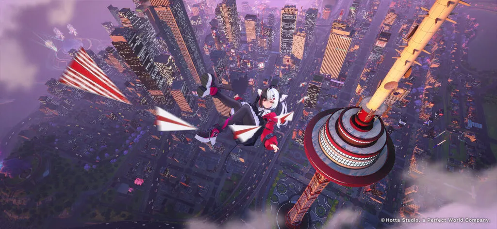 Anime girl skydiving through a futuristic cityscape with glowing lights and paper planes in NTE game Tokyo Game Show demo, showcasing cinematic open-world visuals from Hotta Studio.