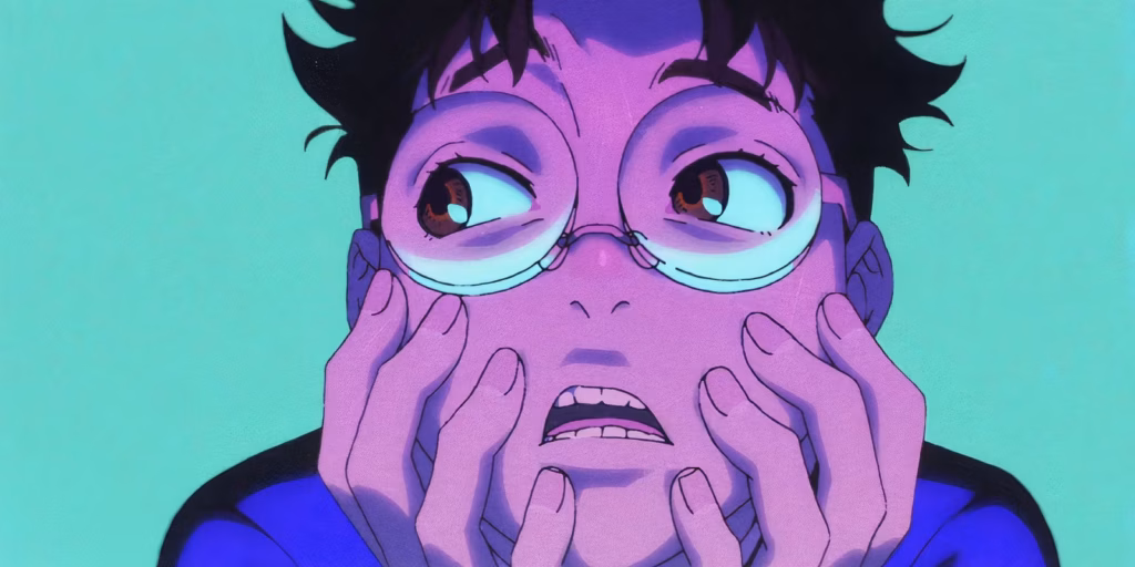 Okarun from Dandadan surrounded by a glowing purple aura, eyes wide with determination, set against a dark supernatural background filled with eerie energy and cosmic power.