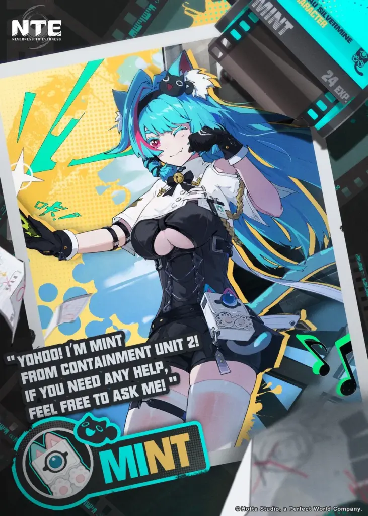 Promotional artwork of Mint from Neverness to Everness, featuring her in a stylish black and white containment uniform with bright teal hair, a confident pose, and a cheerful wink. Text reads: “Yohoo! I’m Mint from Containment Unit 2! If you need any help, feel free to ask me!” The image includes her name “Mint” and NTE branding.